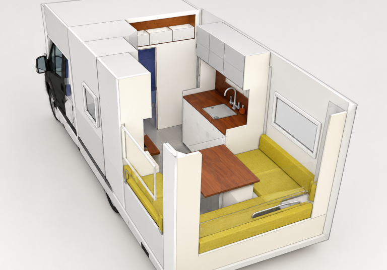 plan intérieur camion Modèle 3D d'un intérieur de véhicule utilitaire aménagé avec cuisine et salon.